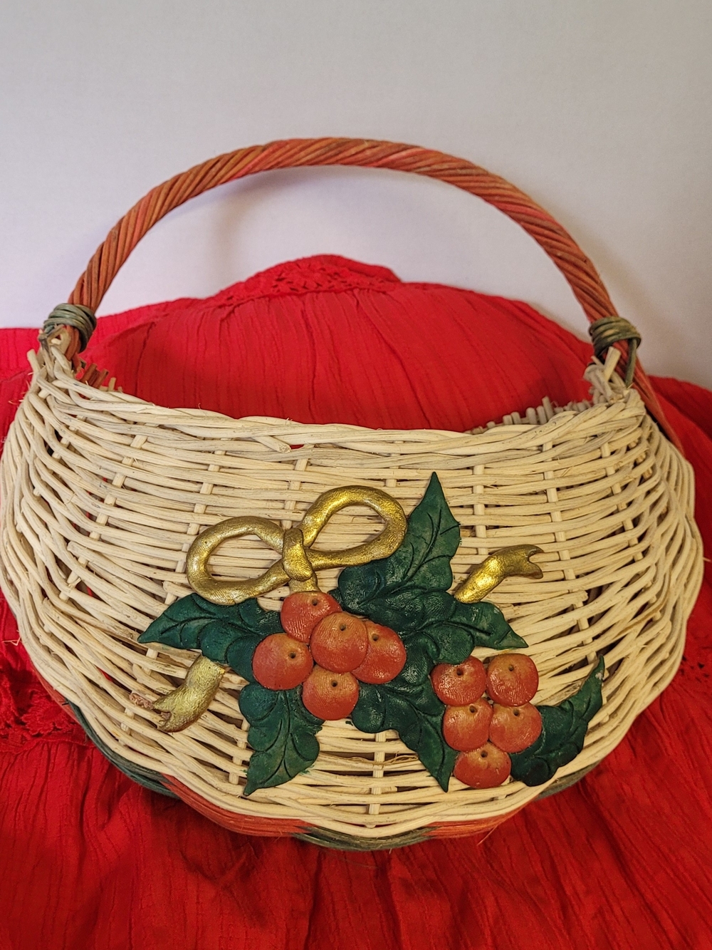 Woven Decorative Wicker Hanging Basket with Red Berry Accents